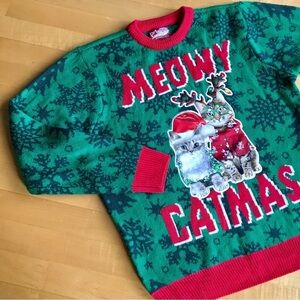 Party Sweater “MEOWY CATMAS” Ugly Holiday Sweater, Green, Red, Size L